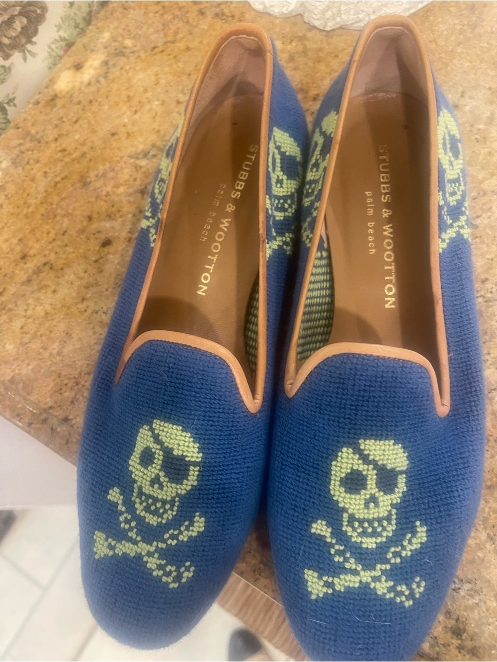 Stubbs and Wooton  blue knit skull loafers with lime skull motif